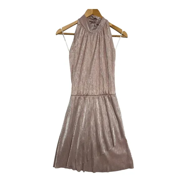 OML Mini Dress Womens Small Pink Metallic Pleated Halter Cocktail Party Sexy - Image 10
