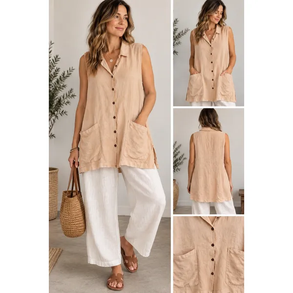 Kiko Linen Tunic Top One Size Lagenlook Oversized Button Front Artsy Boho - Image 2