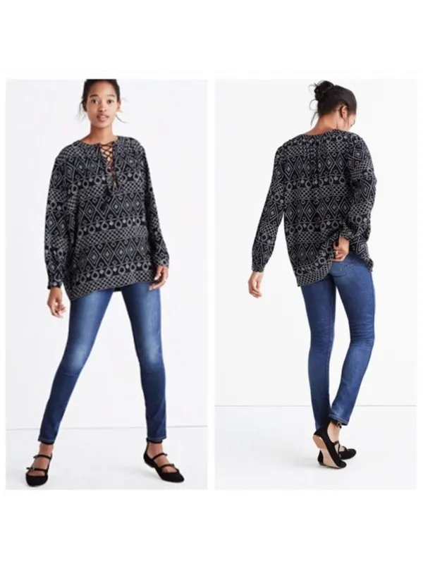 Madewell Lace Up Peasant Caravan Print Black Tassel Tie Top S - Image 2
