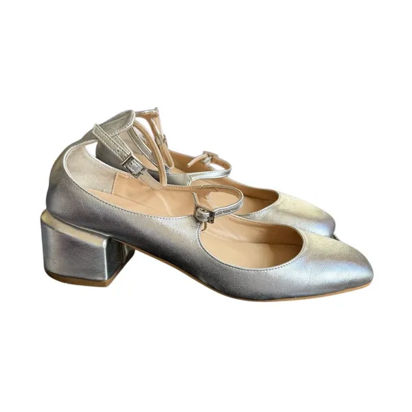 Peche Nico Heels Silver Size‎ US 7.5 /8 Mary Jane Style Strap Small Heel - Image 9
