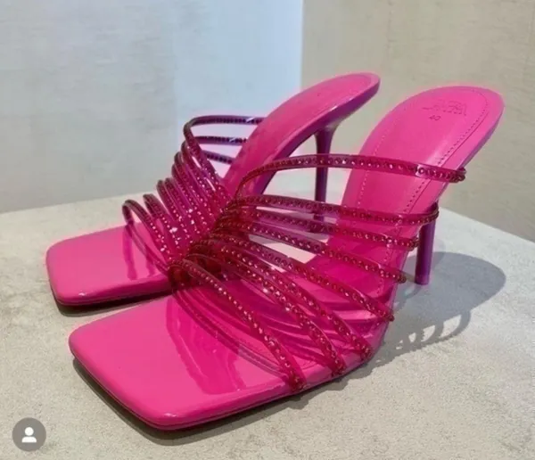 ZARA Hot Pink Rhinestone Embellished Vinyl Sequin Strappy Open Square Toe High Heels Sandals Mules - Image 3