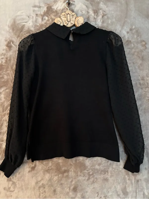 Adrianna Papell Black Peter Pan Collar Lace-Yoke Blouse Women’s Size S - Image 2