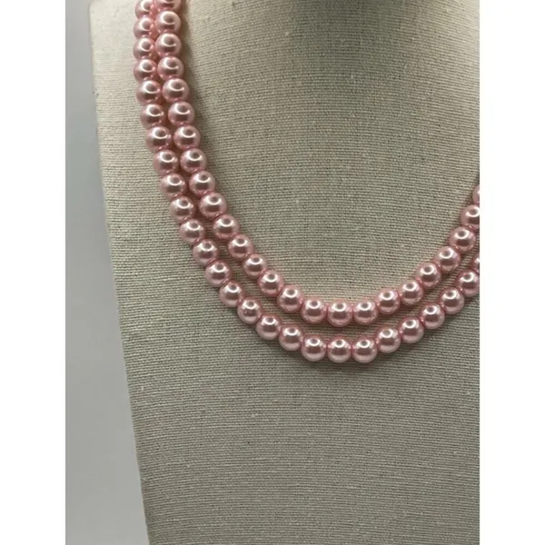 Vintage Pink Tone Double Strand Pink Faux Pearl Lightweight 33” Necklace - Image 5