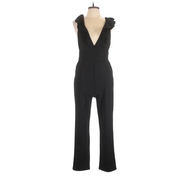 Lulus Black Leilani Ruffled Jumpsuit V-Neck Tapered Leg Size Large Party - Image 5