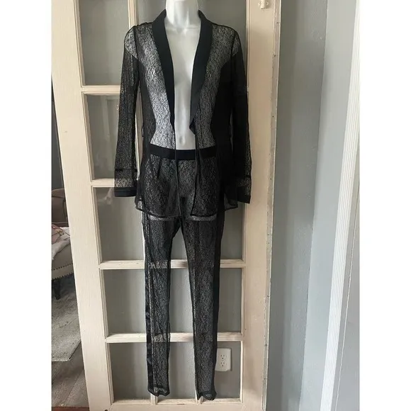 House Of CB London SHEER BLACK LACE TUXEDO AND TROUSERS TWO PIECE SET - Image 7