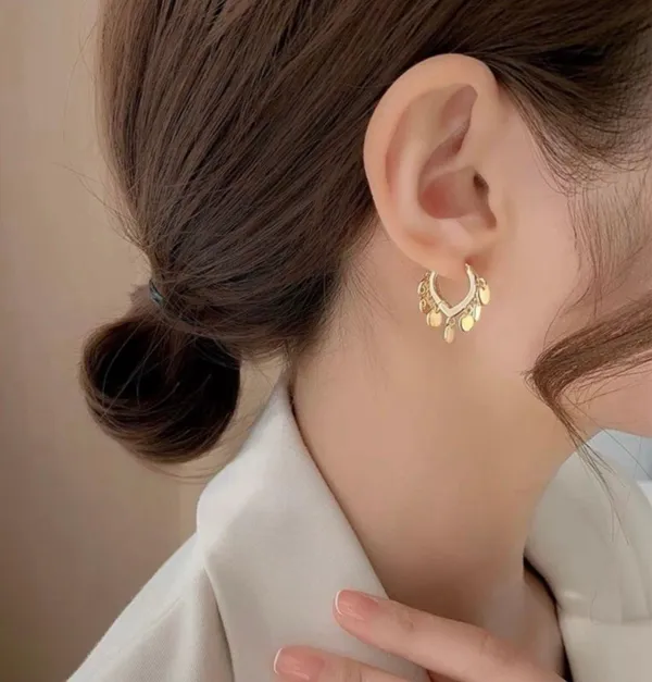 18K Gold Plated Round Disc Tassel Hoop Earrings for Women - Image 4