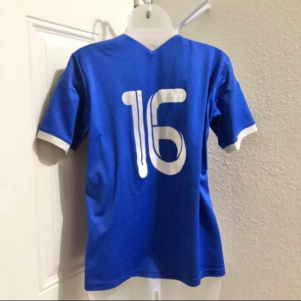 Vintage 2000s Y2K Adidas Blue White Football Soccer Jersey T-Shirt Top Blouse Tee #16 deerfoot united short sleeved slim fit fitted streetwear - Image 2