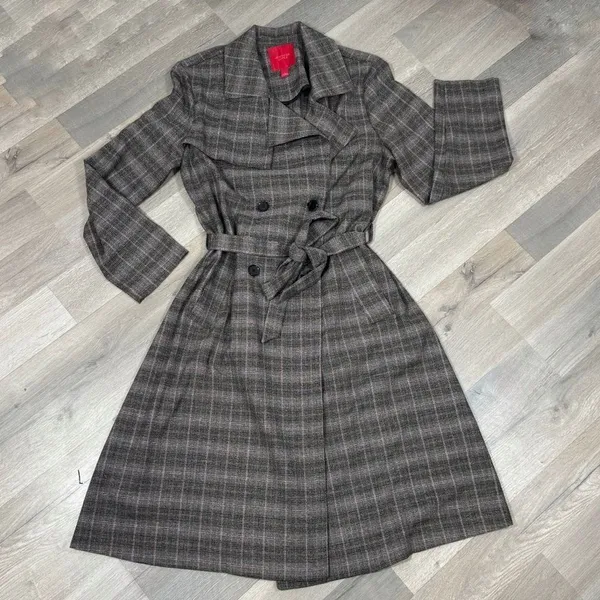 Jennifer Lopez Trench Coat Women Large Grey Plaid Double Breasted Lightweight‎ - Image 15