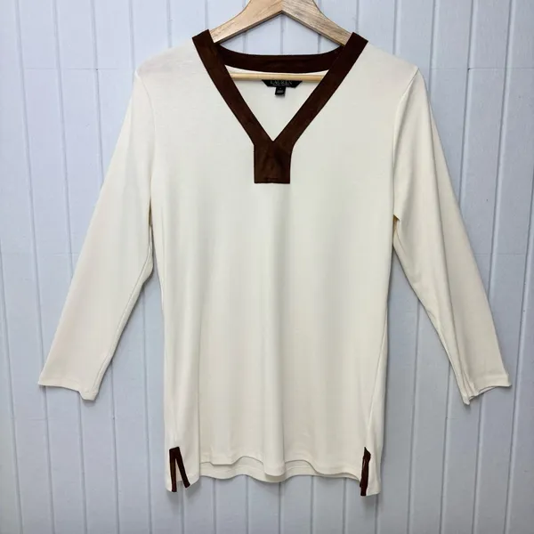 Ralph Lauren V neck Cream and Brown Cotton Long‎ Sleeve Top Size L - Image 3