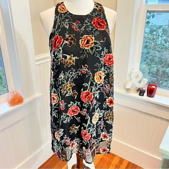 Miss Me Floral Burnout Velvet Shift‎ Dress Sleeveless Black Small - Image 2