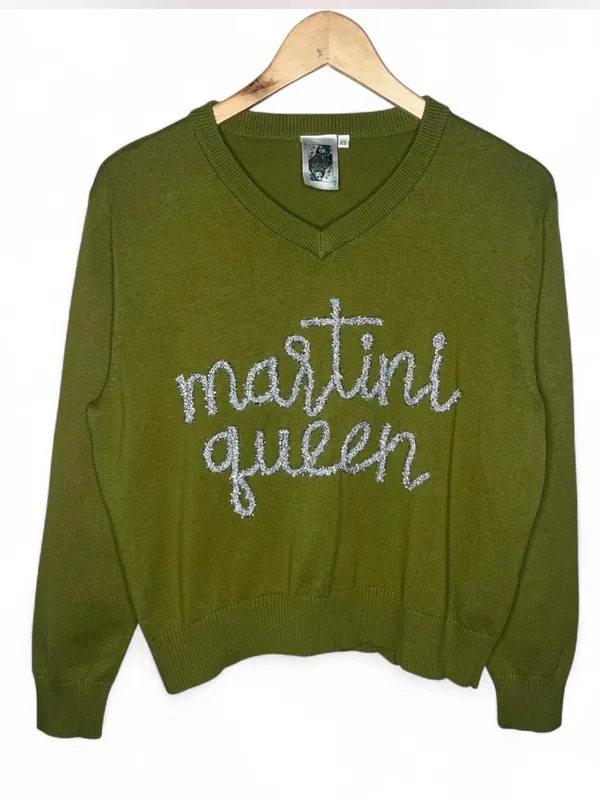 Queen of Sparkles Olive Martini Queen V Neck Sequin Elbow Patches Sweater - Image 2