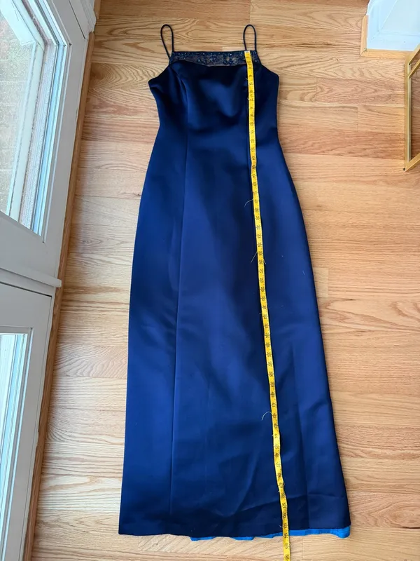 Vintage Y2K Alex Evenings Navy Satin Lace Sequin Open Back Maxi Dress Size 6 - Image 11