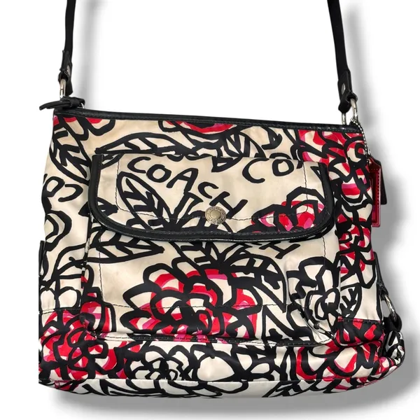 Coach Poppy Floral Graffiti Crossbody Bag Pink Black Satin Y2K Streetwear Purse - Image 3