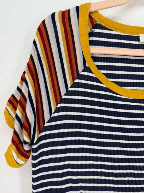 Umgee Striped T-Shirt Dress M Navy Blue White Yellow Mixed Stripe Raglan Mini - Image 2