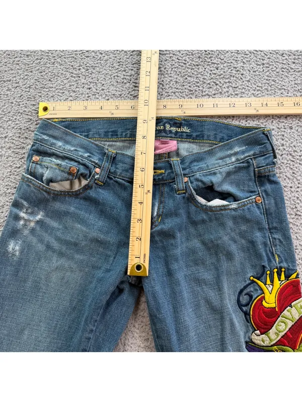 American Republic Y2K Embroidered Love Skull Flare Bootcut Jeans Women's 26 - Image 3