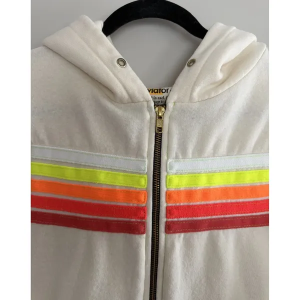 Aviator Nation‎ 5 Stripe Zip Hoodie Vintage White/White Neon Size XS - Image 3