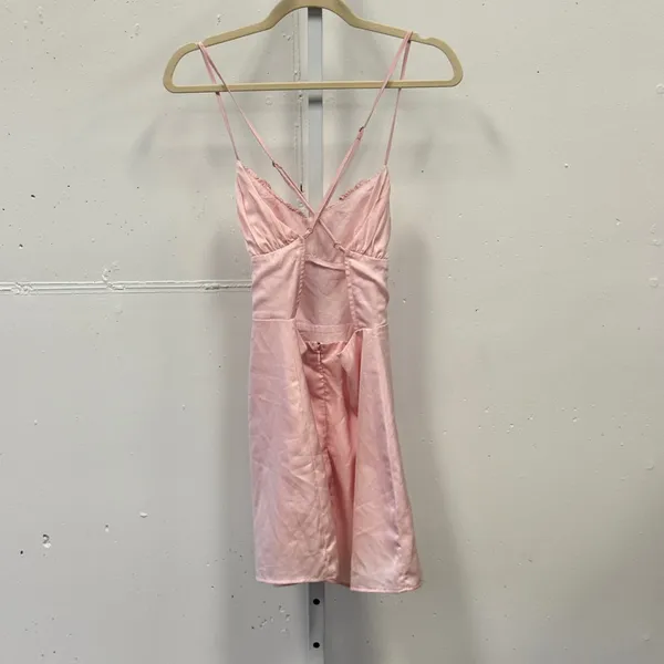 Beginning Boutique Pink Satin Mini Dress Ruched Bust Cross Back USA 6 AUS 10 - Image 2