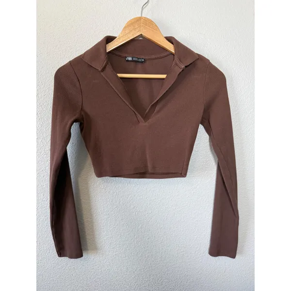 ZARA Brown Ribbed‎ Collared Long Sleeve Crop Top Shirt Women Size S - Image 5