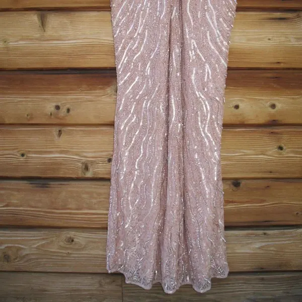 Mac Duggal Pink Size 8 Sequin Beaded Plunge Neck Long Sleeve Trumpet Gown Dress - Image 12