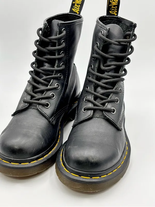 Dr. Martens Black Leather 8-Eye Lace-Up Boots with Yellow Stitching - Image 3