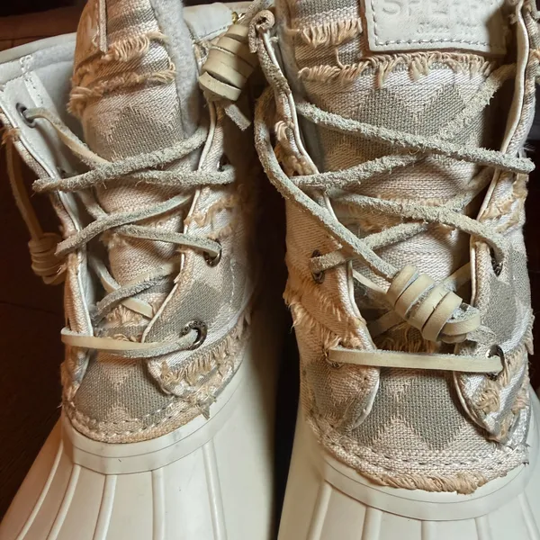 Sperry Saltwater Duck Boots Cream Beige Geometric Textile Womens 8.5 Western Boh - Image 8