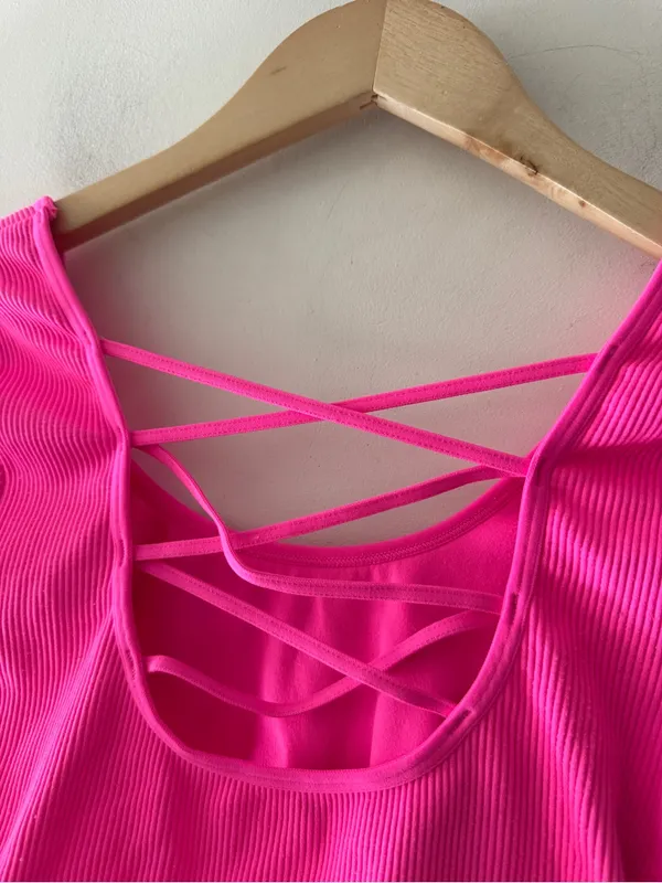 Aerie Real Good Hot Pink Ribbed Criss Cross Strappy Back Crop‎ Top - Image 6