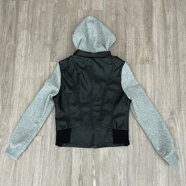 Last Kiss Y2K Black Leather Hybrid Gray Hooded Zip Moto Jacket Size Medium - Image 9