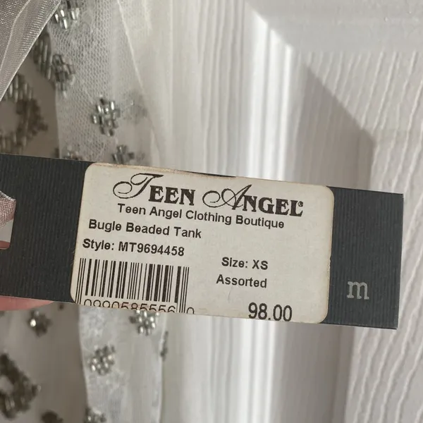 Teen Angel Bugle Beaded Tank Womens Size XS White Silver Mesh‎ Y2K Glam Sparkle - Image 5
