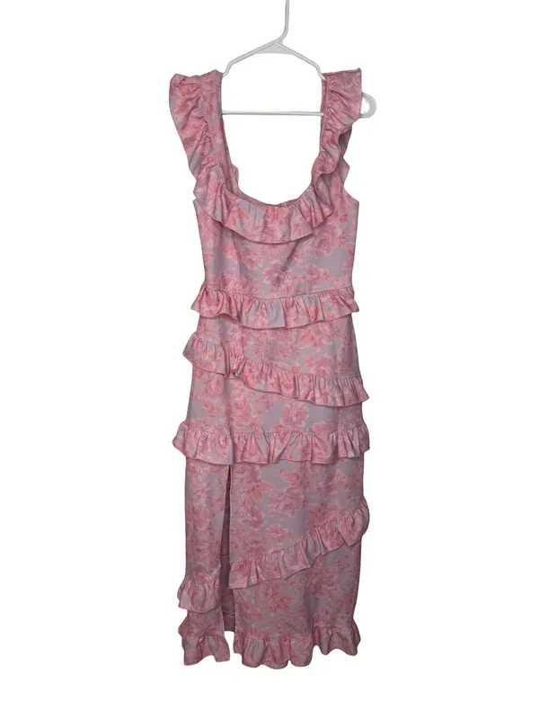 🌸 Show‎ Me Your Mumu Ruffle Floral Midi Dress Pink Blue Made in USA Size L 🌸 - Image 2