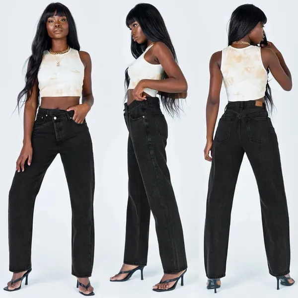 Princess Polly Holly Asymmetric High Rise Straight Leg Black Denim Jeans New - Image 3