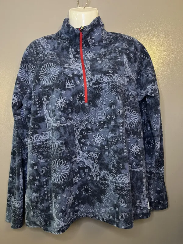 Eddie Bauer Fleece Pullover Womens Large Blue 1/4 Zip Paisley Floral Print - Image 2