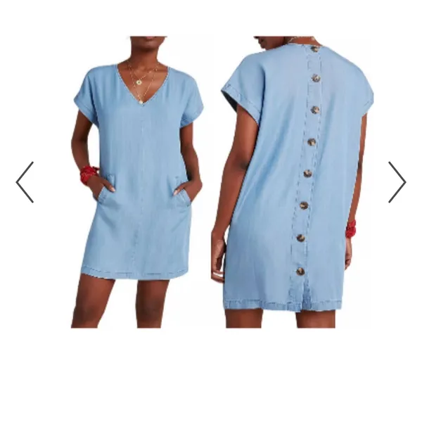 PORRIDGE Light Wash Blue Chambray Pockets Button Back‎ V-Neck Mini Dress Size S - Image 2