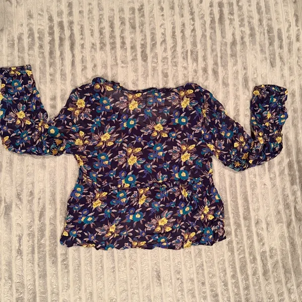 Meadow Rue Anthropologie Floral Embroidered Peplum Blouse Navy Blue‎ Small - Image 8