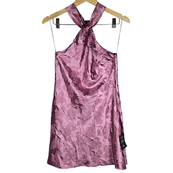 Lulus Got the Key Mauve Satin Floral Jacquard Halter Mini Dress CJD109045 S - Image 3