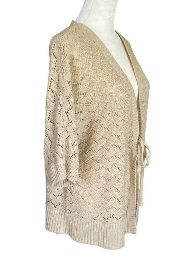 Nicole Miller women's XL tan tie front 3/4 sleeve chevron knit sweater cardigan - Image 2