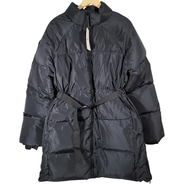 Fabletics Black Puffer Coat Midi Belted Stand Collar Full Zip Women's Winter XXL - Image 3