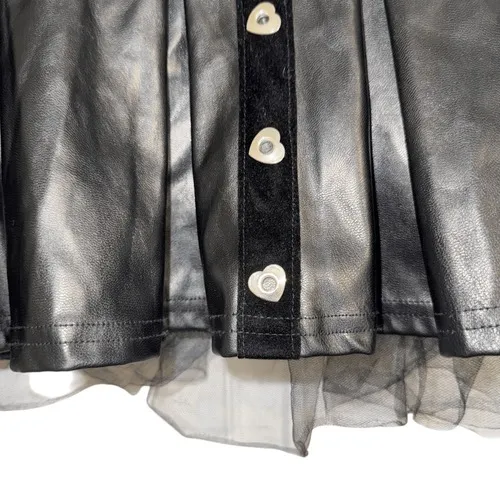 BODY RAGE SPENCERS Black Faux Leather‎ Skirt With Tulle Hem Silvertone Hearts L - Image 4