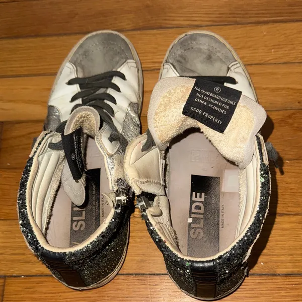 Golden Goose High-Top Sneakers in Gray & Green Sparkles - Image 9
