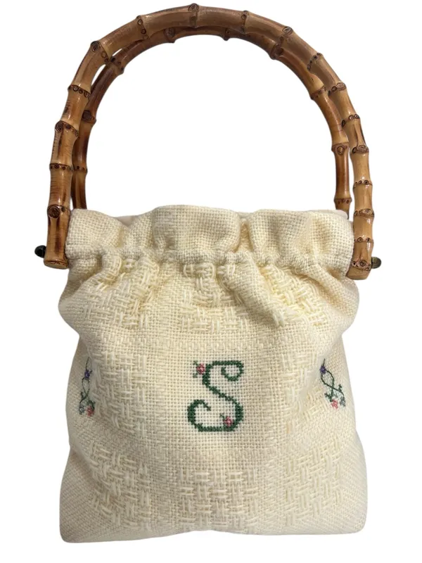 Vintage Monogram “S” Embroidered Cross Stitch Bamboo Handle Cottagecore Bag - Image 14