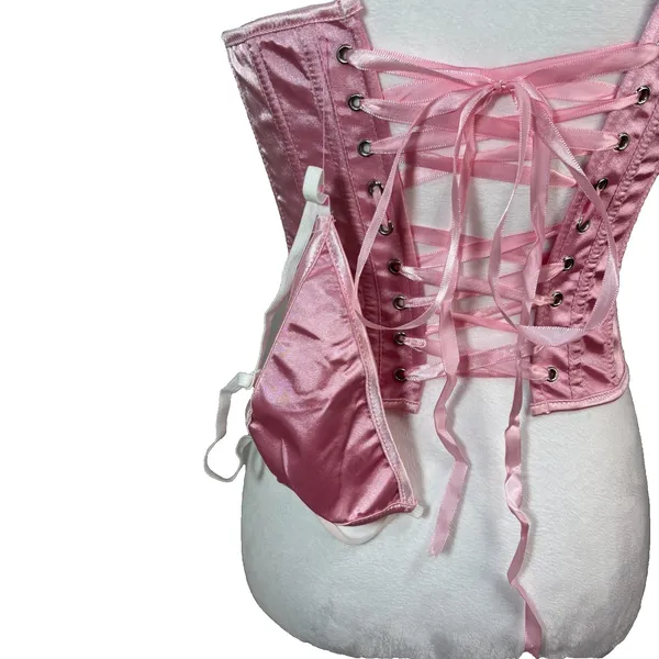 Corset Top Pink Satin‎ Lace Up G-String Set New Burlesque Lingerie Coquette S - Image 4