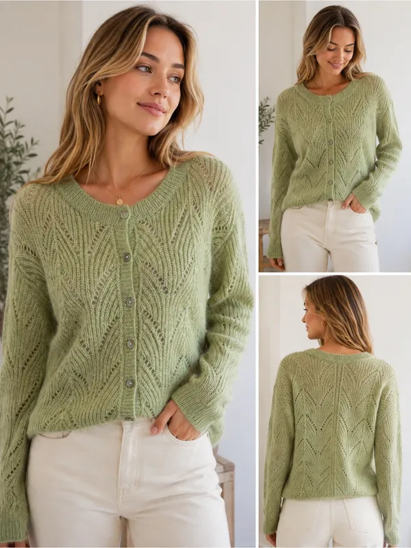Crescent Wool Mohair Blend Saga Green Open Knit Cardigan Sweater Button Front - Image 12