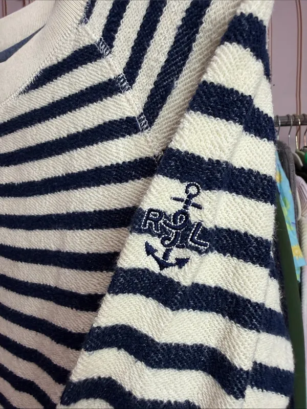 Lauren Ralph Lauren Navy Cream Striped Pullover Sweatshirt Drawstring Hem XS - Image 5