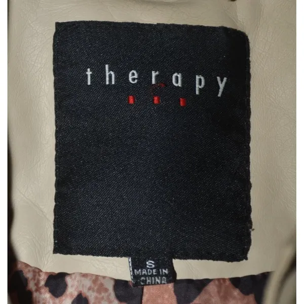 Therapy Faux Leather Moto Jacket Tan Stretch Panels Women’s Size S Zip Pockets - Image 11