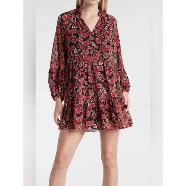 EXPRESS XL Black Mini Dress Black Rose Pink Floral Print Chiffon Flowy Flirty - Image 2