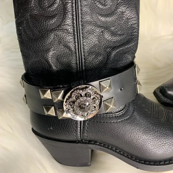 Handmade Womens Black Studded Leather Metal Buckle Removable Boot Band One Size - Image 3