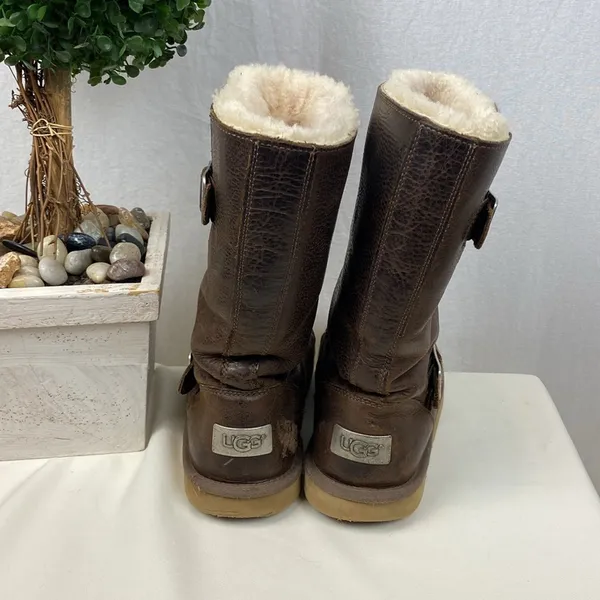 Ugg Brown Leather 5678 Kensington Biker Moto Fleece Lined Calf Height Boots 7 - Image 3
