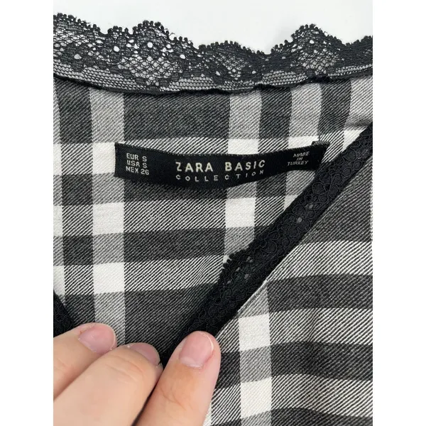 Zara Black White Gingham Lace Slit Shark-bite‎ Hem Size S Y2K Grunge Boho Punk - Image 7
