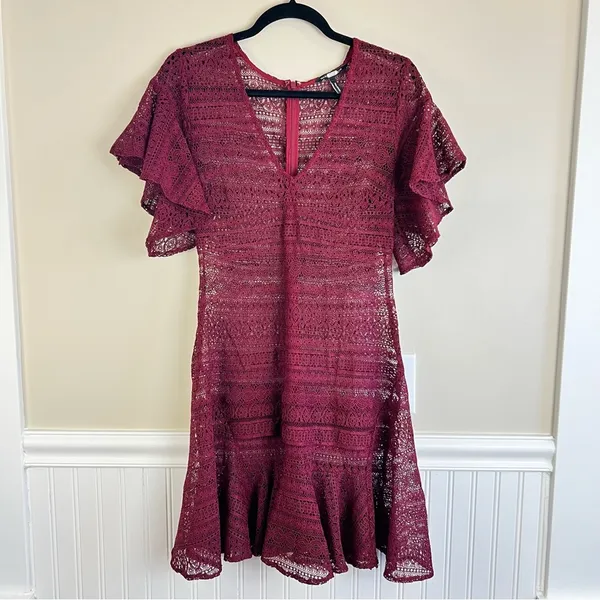 Marissa Webb Cybil Maroon Lace Flutter Sleeve Dress Size Small Sheer Lace Drama - Image 3