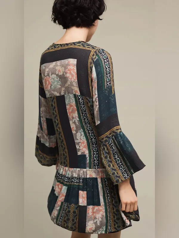 Anthropologie Maeve Patchwork‎ Lace Trim Peasant Mini Dress Tunic Green Size XS - Image 4
