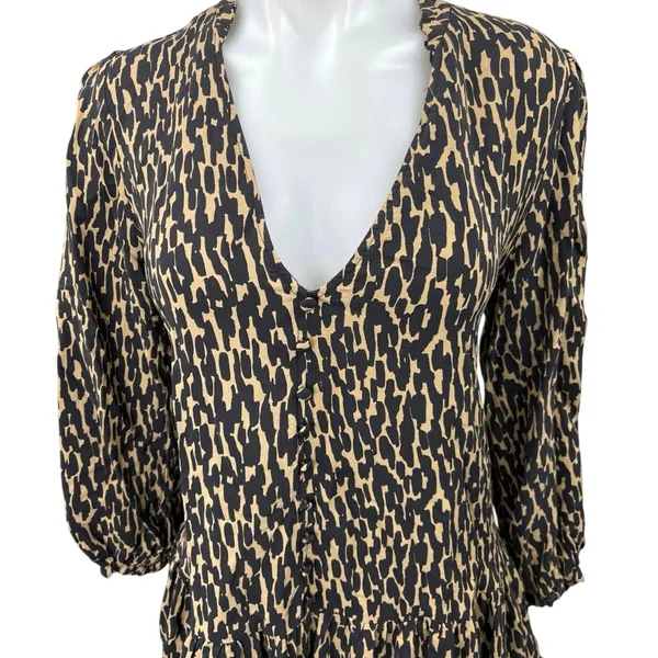 ZARA Black Tan Animal Print V-Neck Balloon Sleeve Flounce Hem Mini Shift Dress M - Image 3